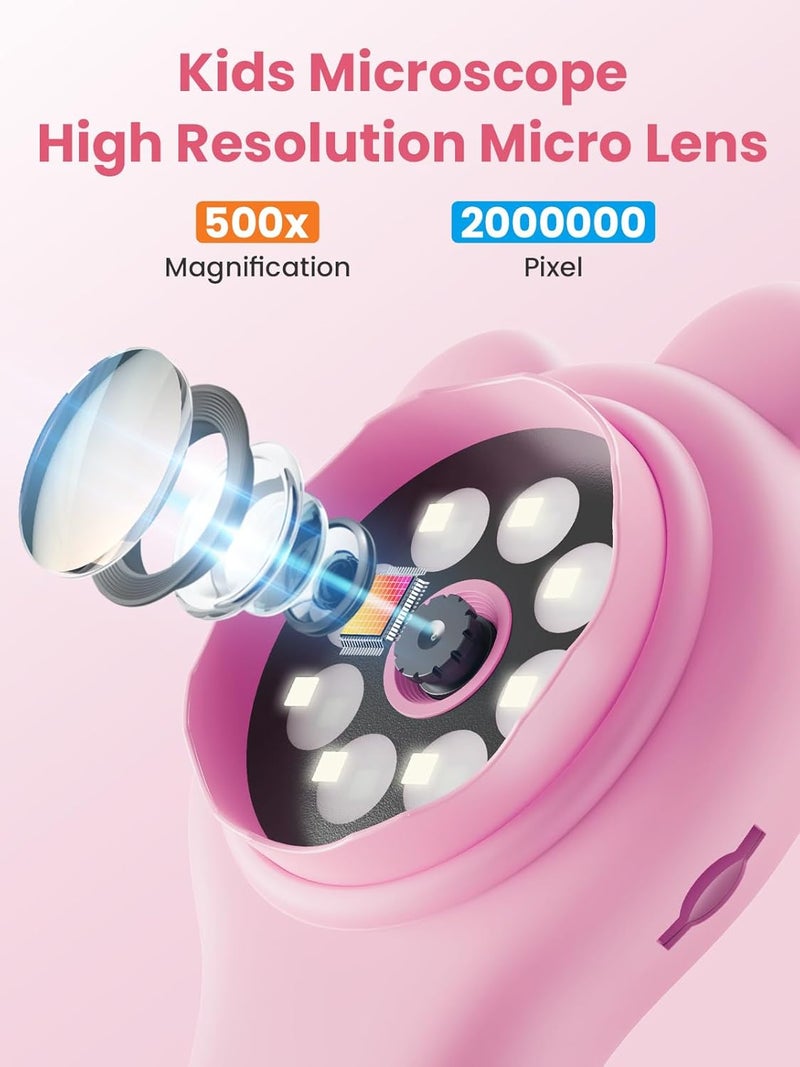 Vorth Microscope for Kids, Portable Digital Microscope with 500X Magnifying Glass, Handheld Camera Mini Pocket Magnification, Educational Christmas Birthday Gifts for Ages 4 5 6 7 8 9 10 11 12, Pink - Image 2